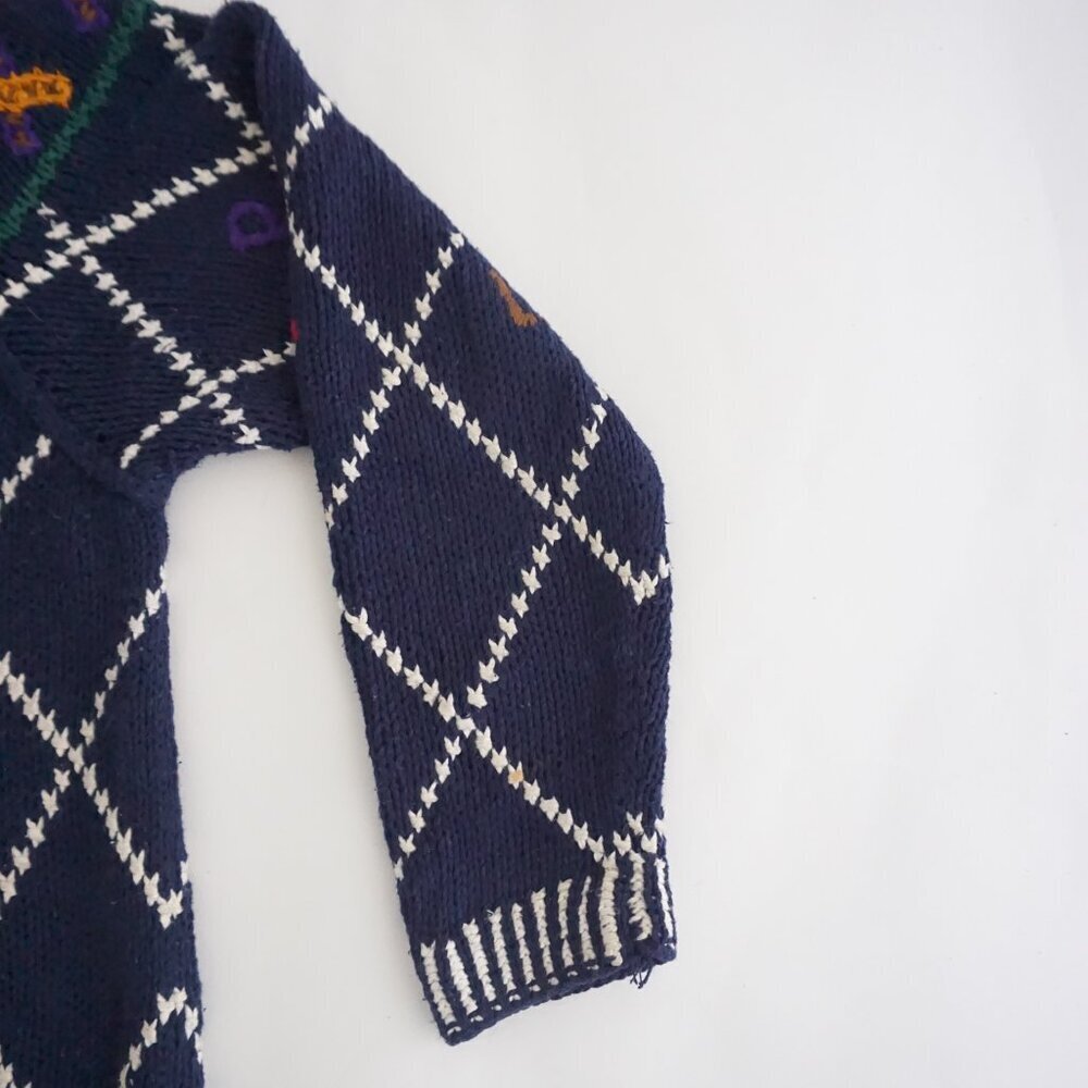 Vintage Cape Isle Knitters Navy Apple Numbers Cotton Hand Knit Blue Cardigan M - Picture 4 of 10